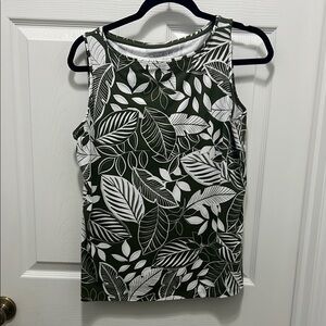 Talbots Olive and White Leaf Pattern Top